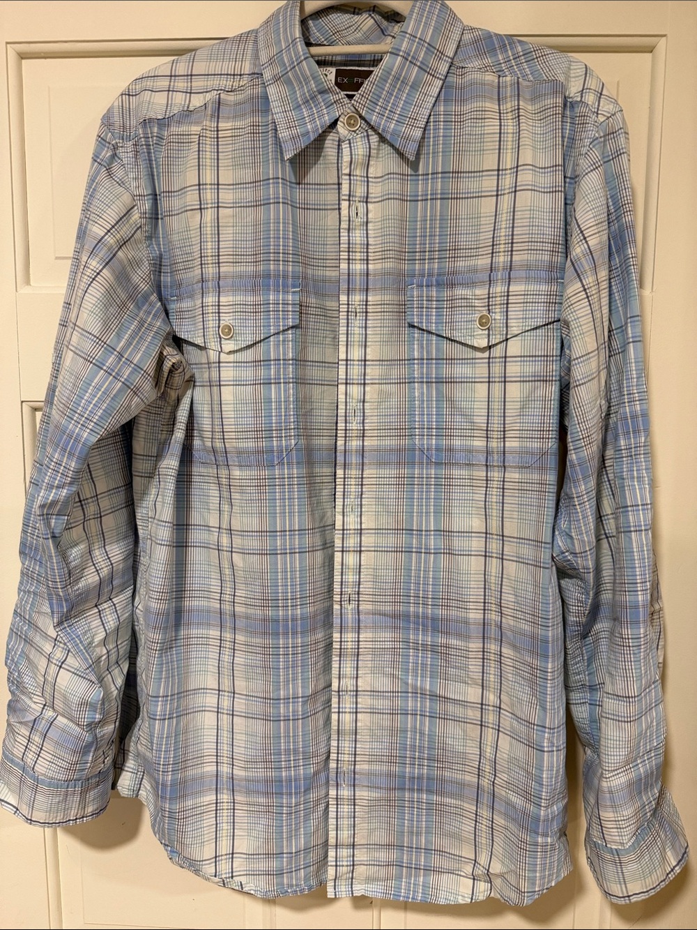 ExOfficio Insect Shield Long Sleeve Hiking Shirt Mens Medium Blue Plaid GUC